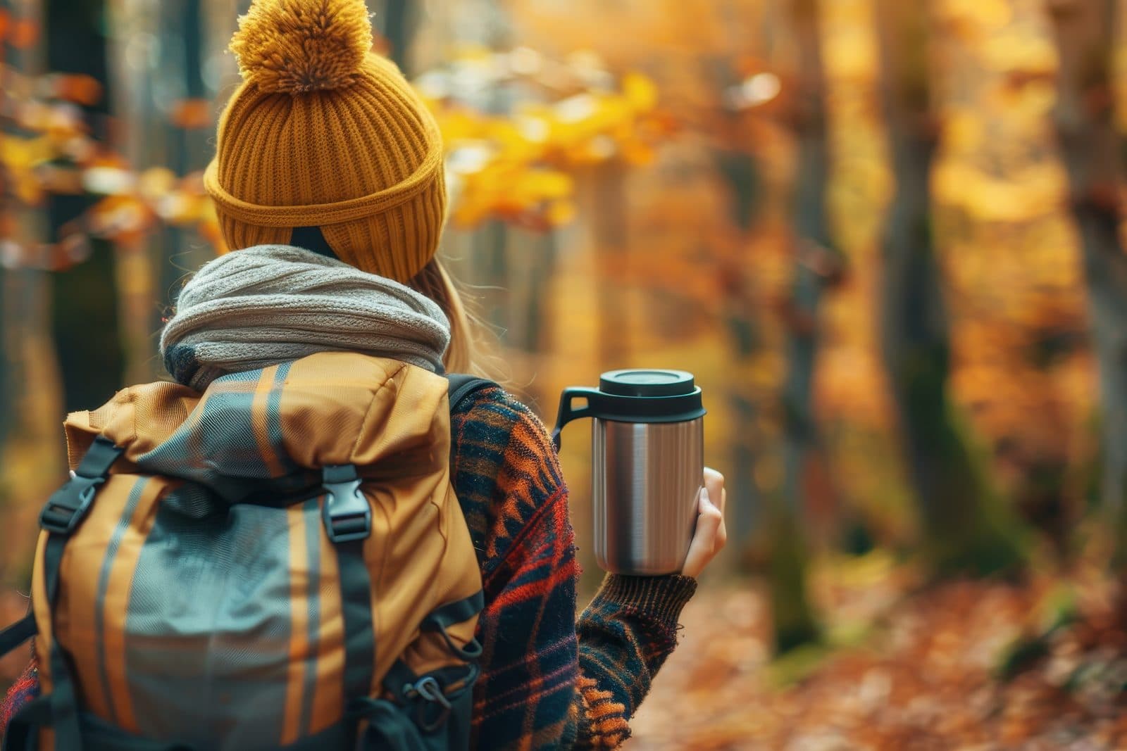 Rückansicht einer Wanderin mit Mütze, Rucksack und Thermobecher in einem herbstlich verfärbten Wald