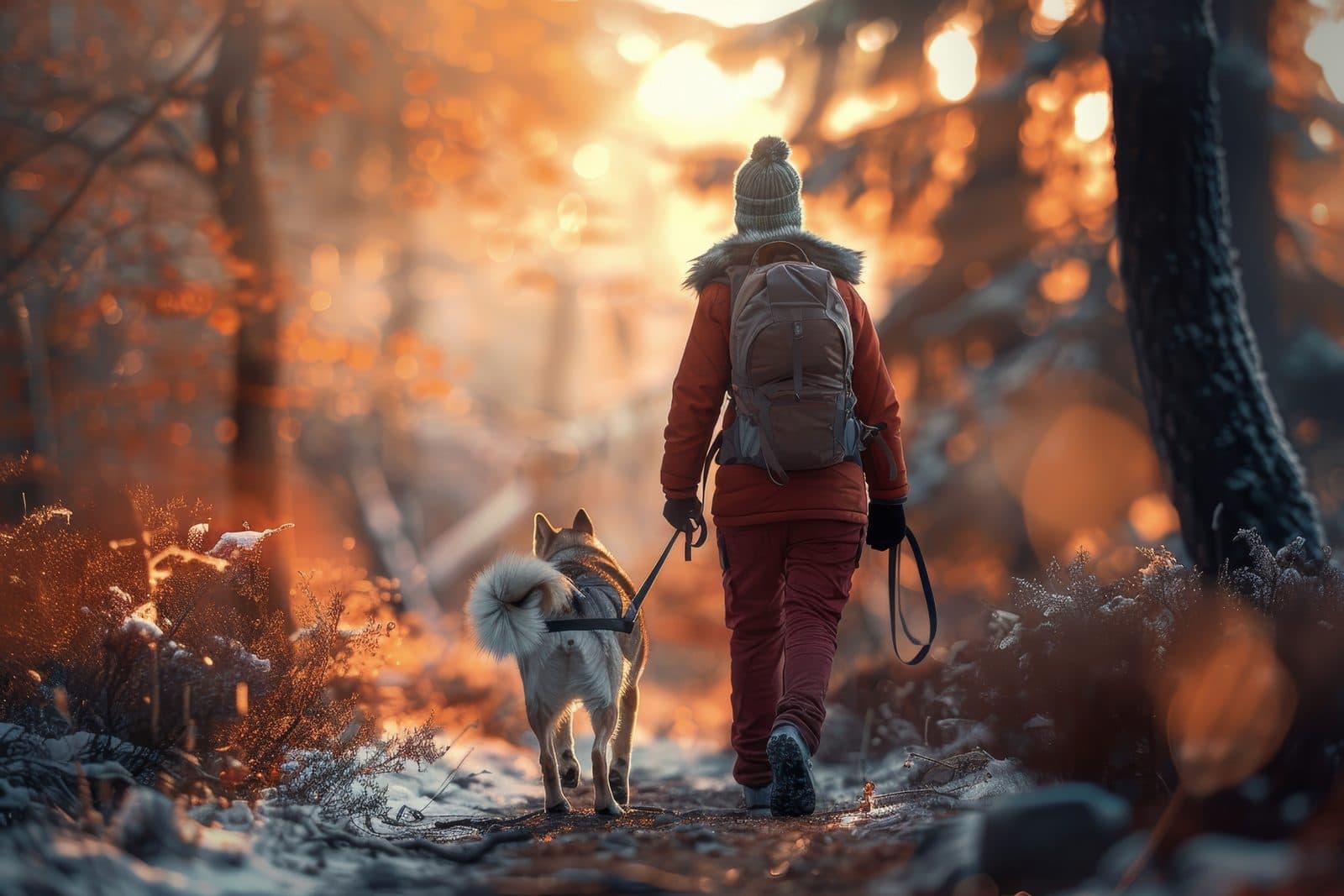 Rückansicht einer Person mit Rucksack und Hund an der Leine auf einem winterlichen Waldweg im warmen Gegenlicht