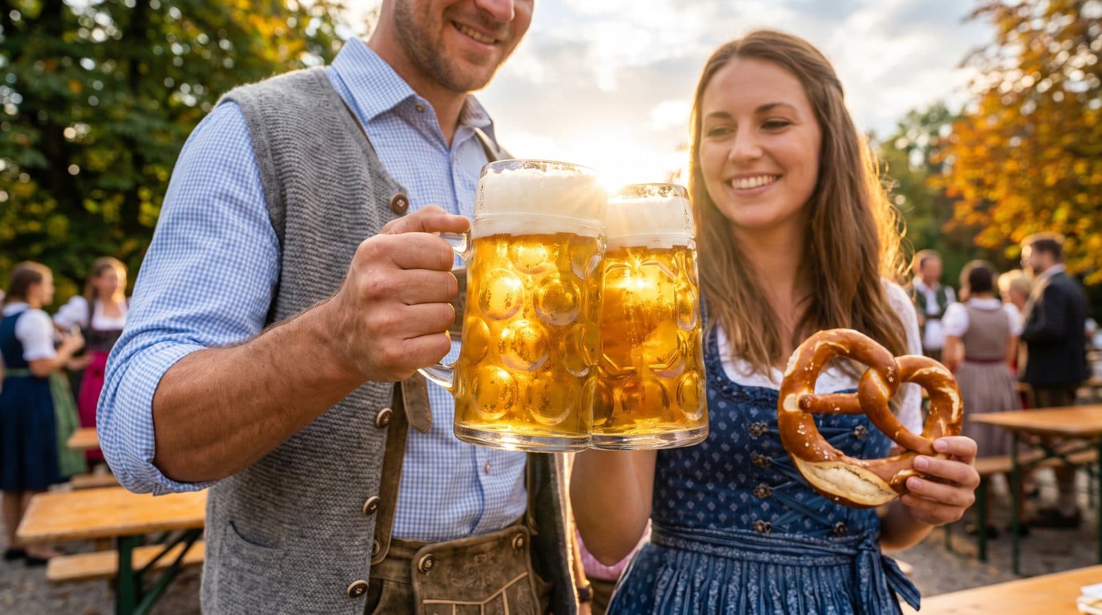 Ein Mann in grauer Trachtenweste und eine Frau im blauen Dirndl stoßen mit zwei großen Bierkrügen an, sie hält eine Brezel. Dahinter Holzbänke im Freien, Menschen in Tracht und herbstlich gefärbte Bäume im Gegenlicht.